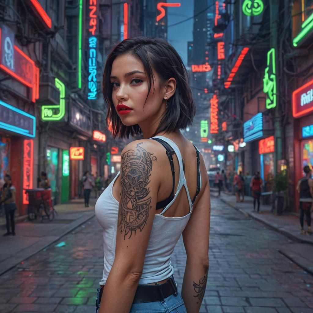 Cyberpunk Brunette Portrait in Futuristic City