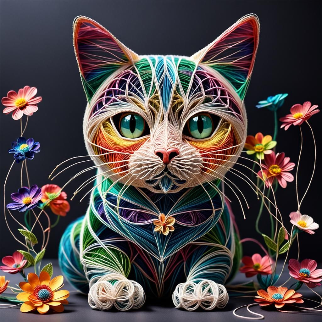 Colorful String Cat with Floral Designs