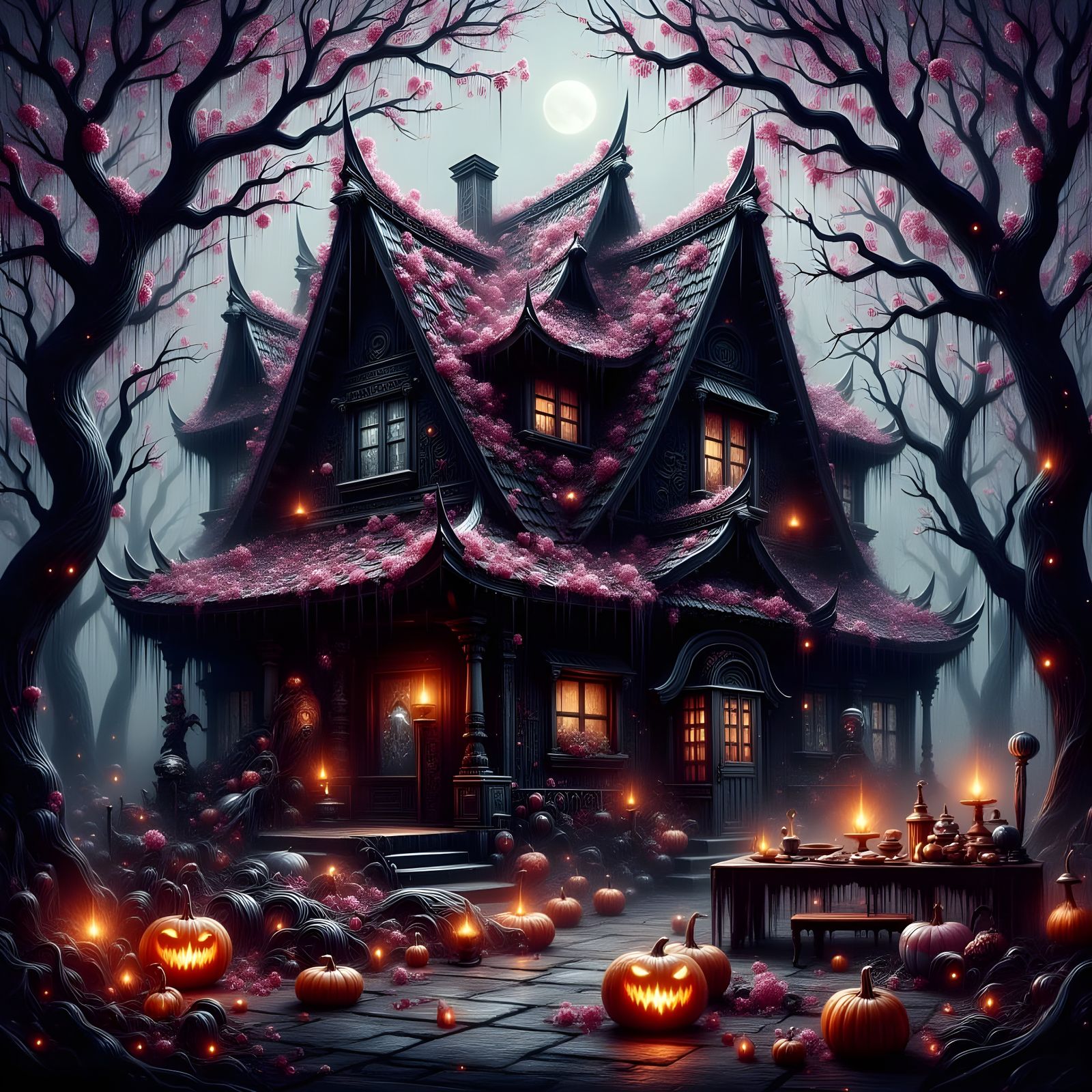 Haunted Oriental House Amidst Sakura and Creepy Forest