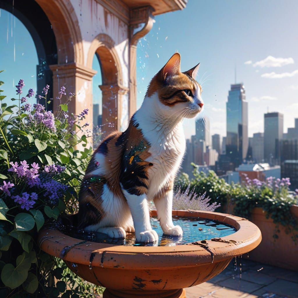 Calico Cat on Sunlit Terrace in Glitch Art Style