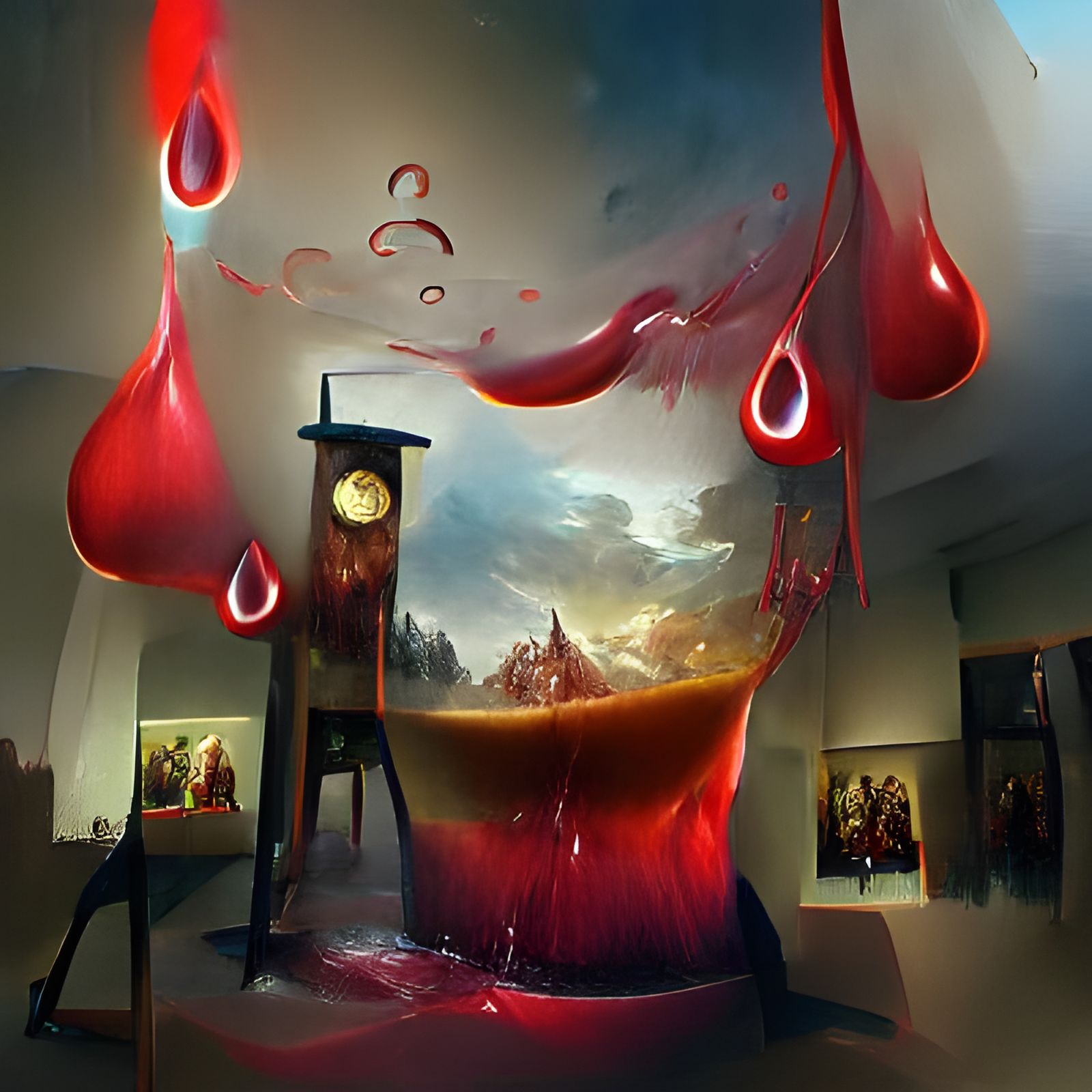 Sinister Clocktower in Red Liquid, Digital Art