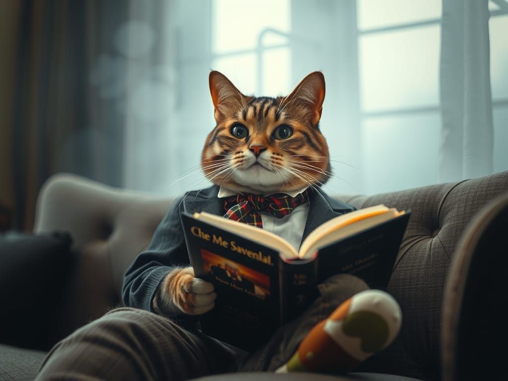 Surreal Cat in Foggy Realist Style Reads Book on Couch