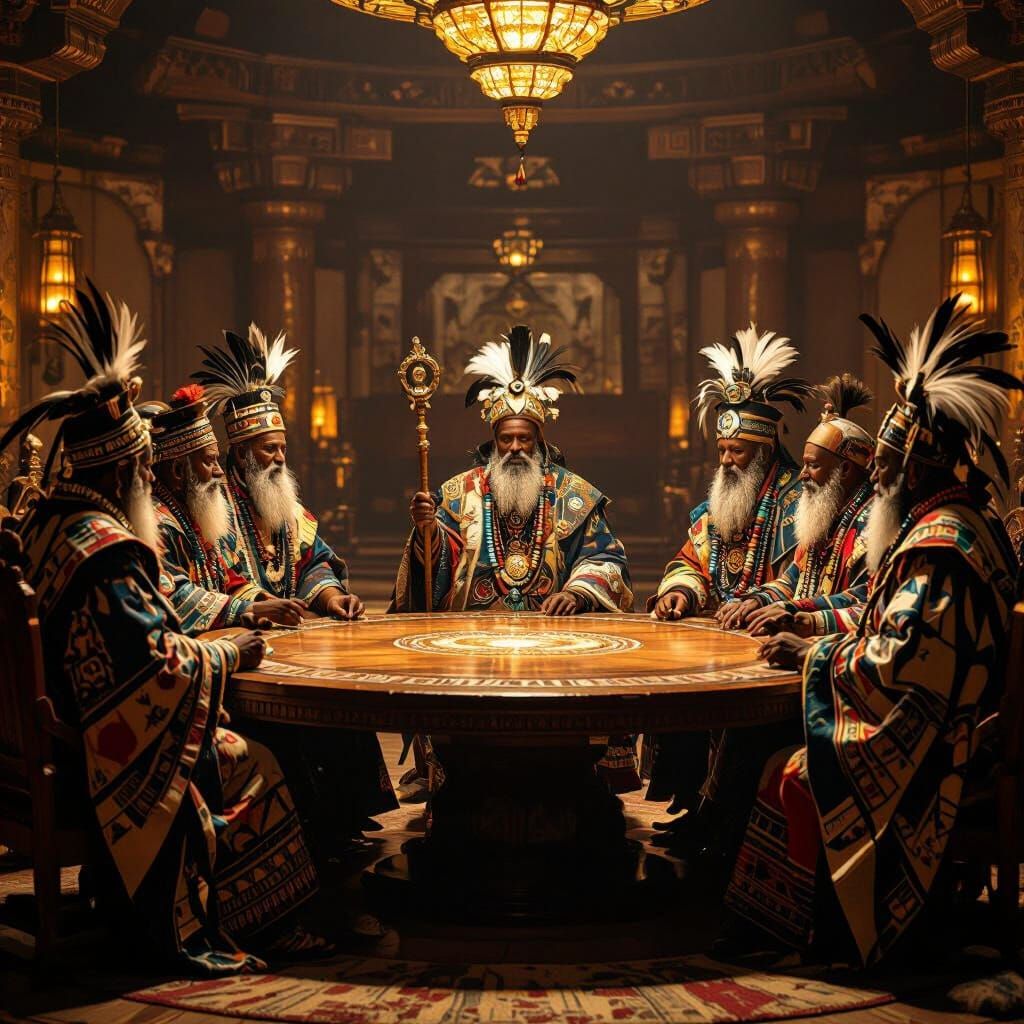 Elders Gather Around Iroko Table in Ornate Chamber