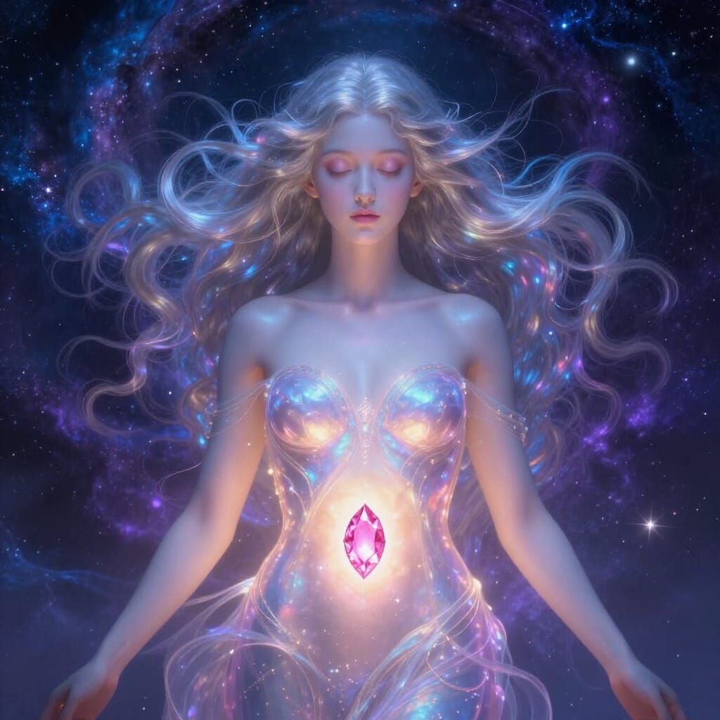 Celestial Goddess With Glowing Navel Gem in Cosmic Nebula