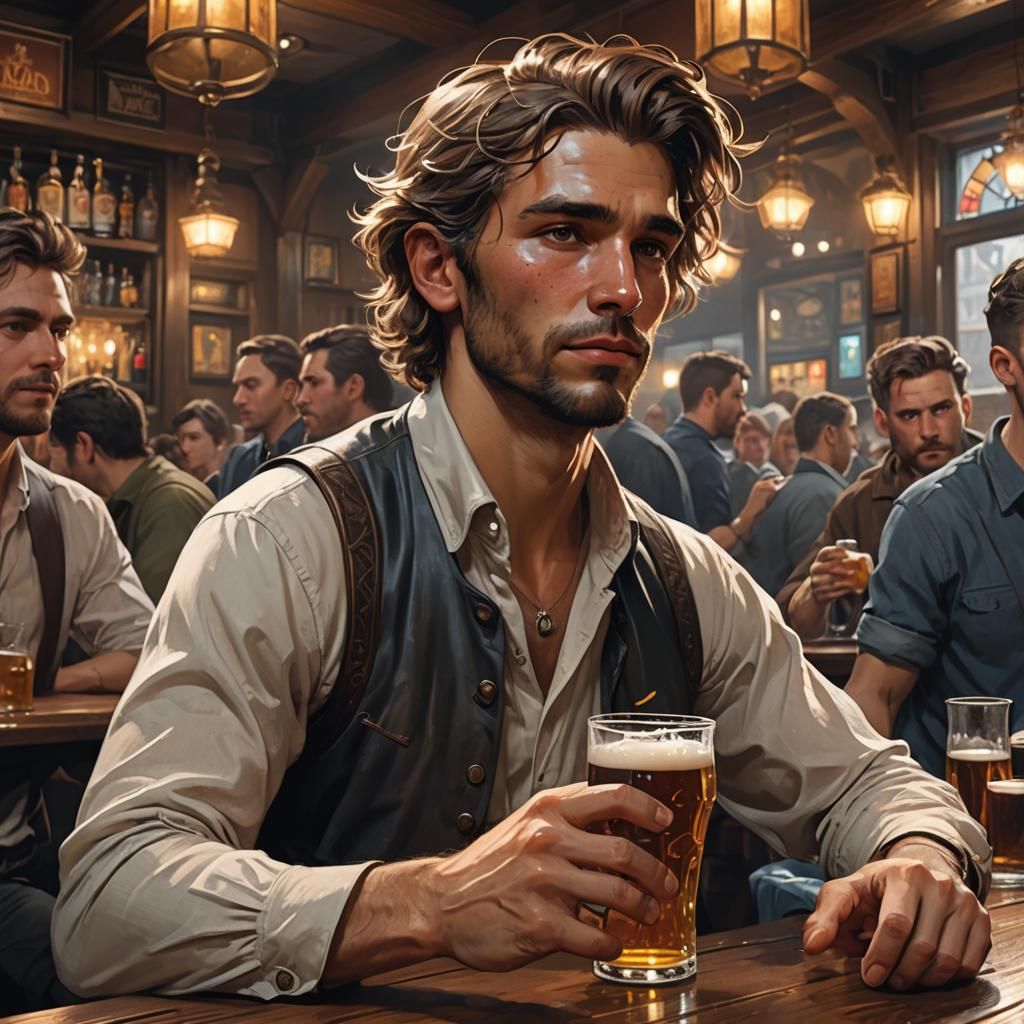 Lonely Man Drinks Beer in Crowded Pub