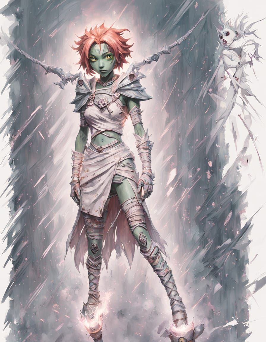 Ethereal Mummified Witch Girl in Soft Pink Aura