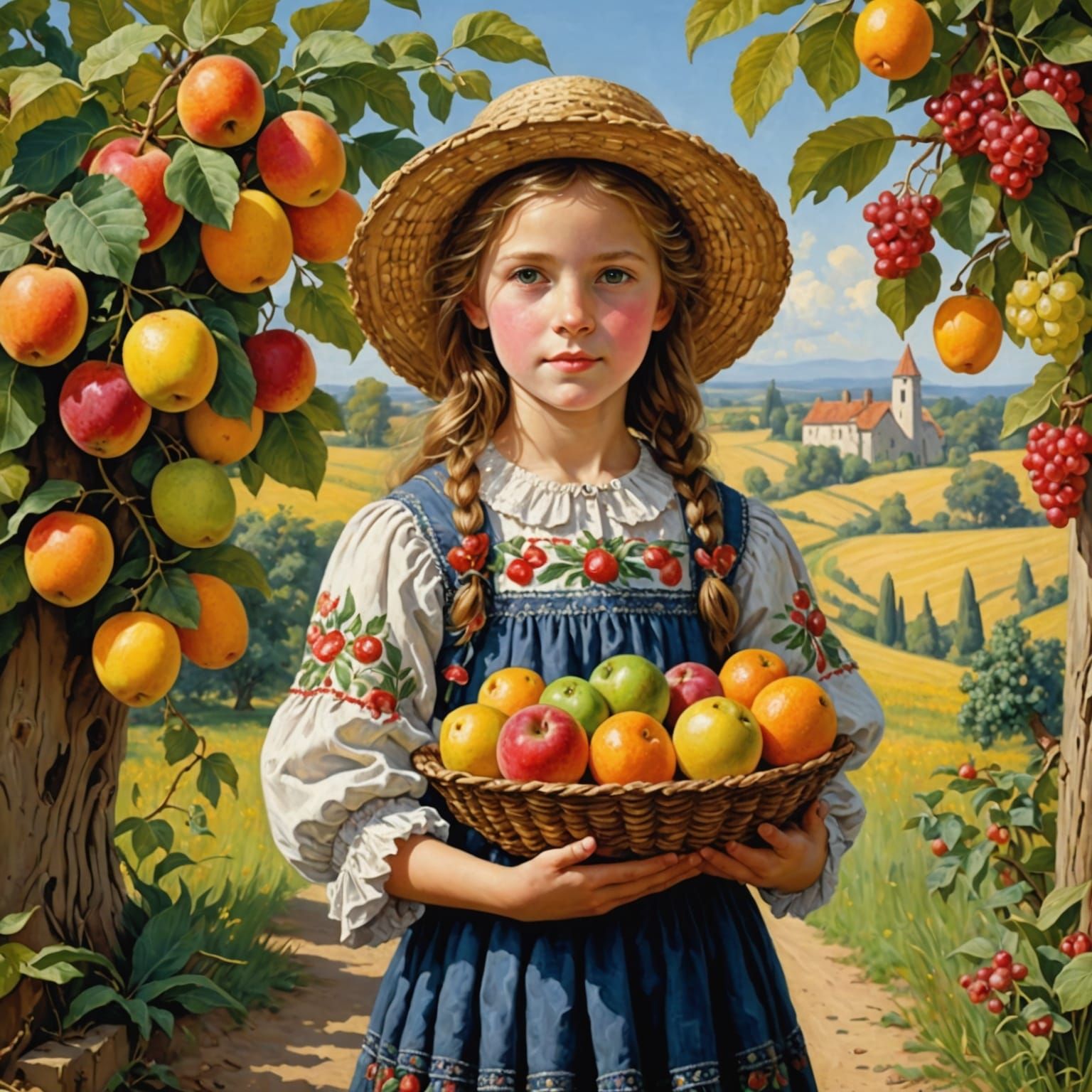 Young Woman with Fruit Painting in Sunlight