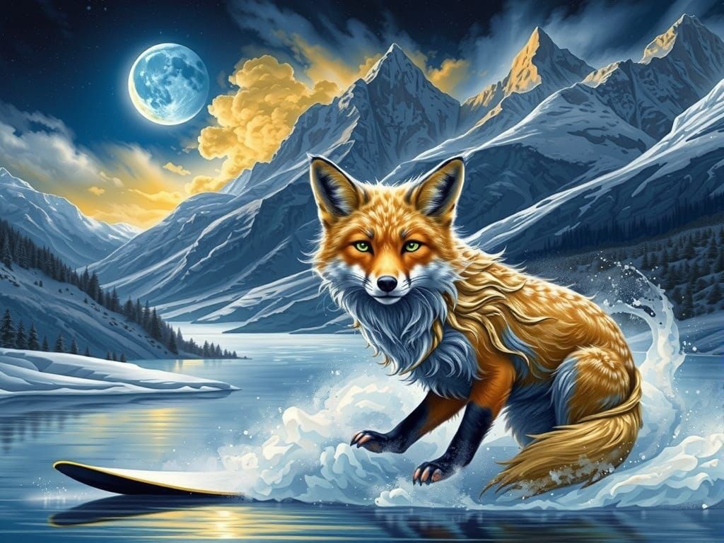 Hooded Fox Waterskis Under Blue Gold Moonlit Swiss Alps