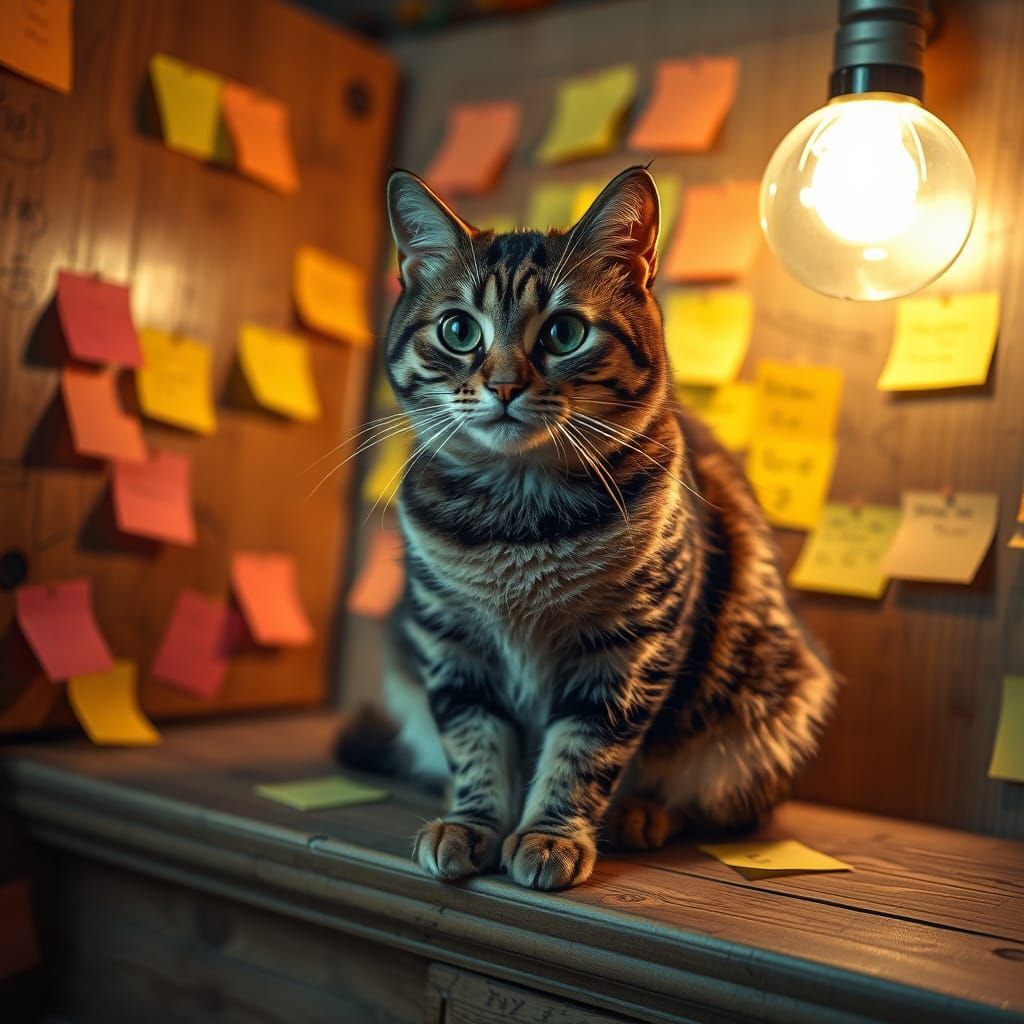 Cat on Colorful Note Board: Surrealist Art