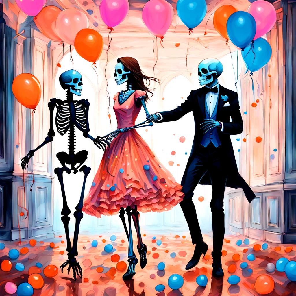 Elegant Skeleton Dancers in Whimsical Dark Fantasy Scene