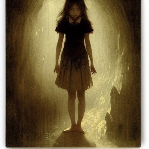 Sinister Asian Schoolgirl Fairy Portrait in Horror Style