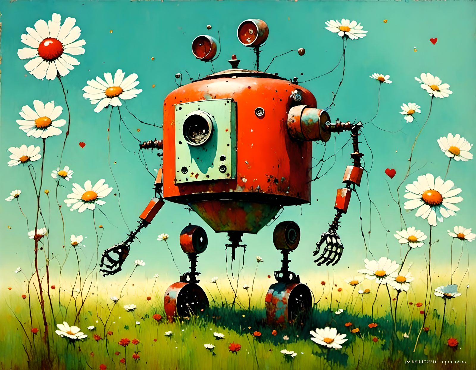 Cute Retro Robot Falling in Love, Watercolor Style