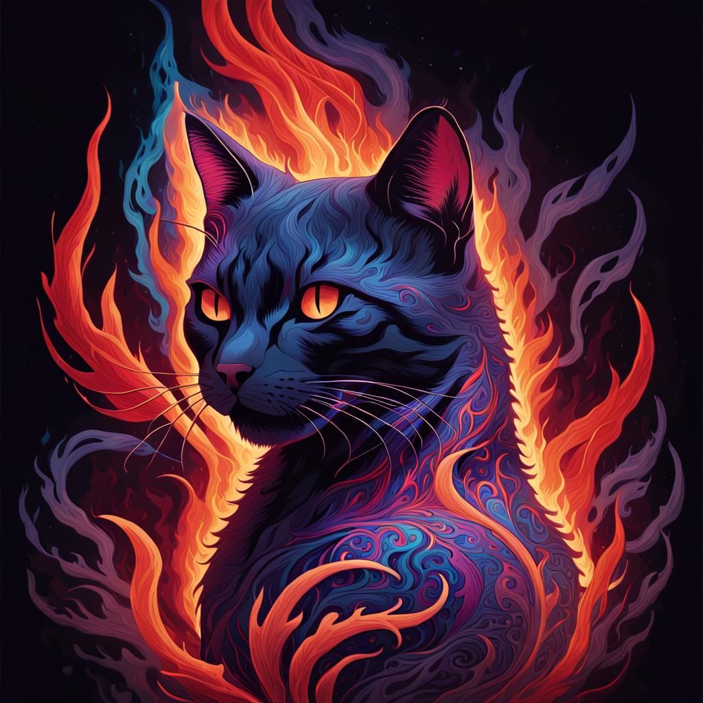 Mystical Feline Engulfed in Vibrant Abstract Flames