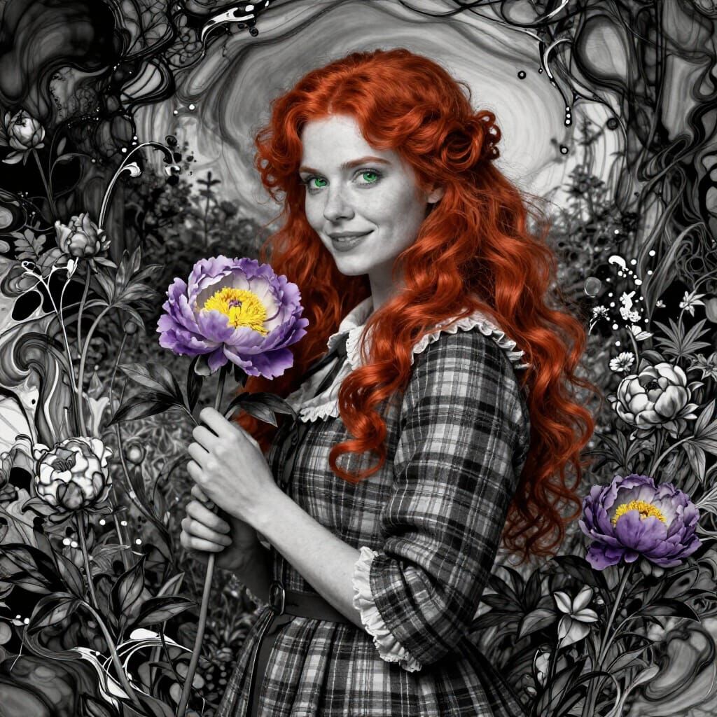 Red Haired Woman in Garden, Alcohol Ink Style