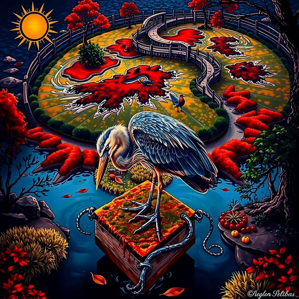 Radiant Sunset Over River Delta Wetlands With Heron