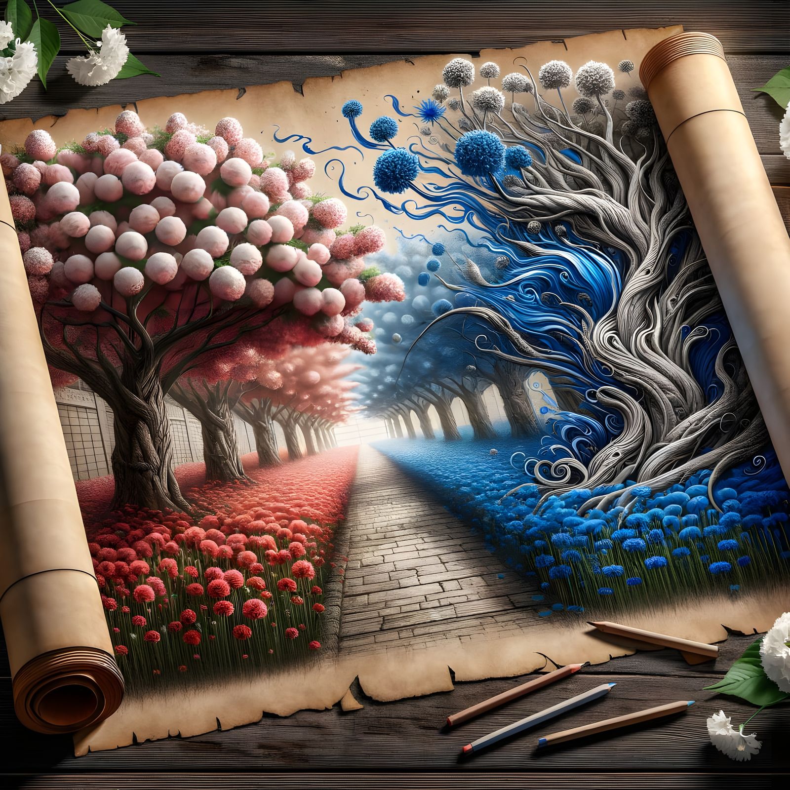 Surreal Sakura Tree Blooms in Antique Scroll Art