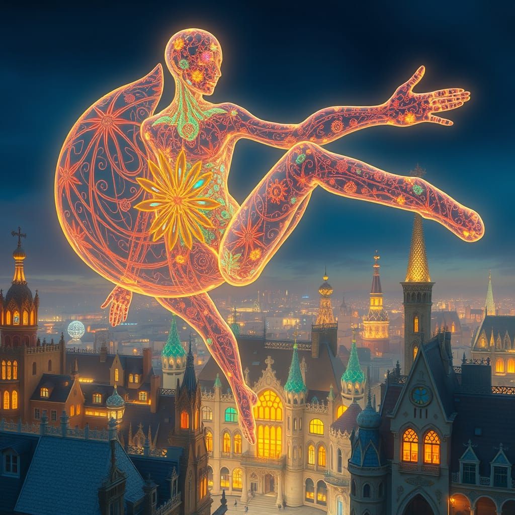 Bioluminescent Giant Floats Over Gaudi-Inspired City