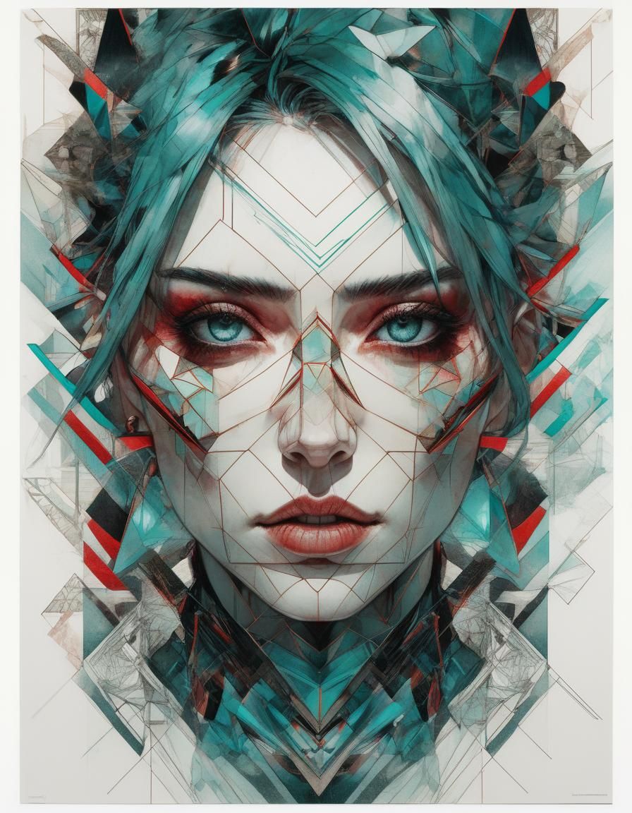 Fierce Anime Portrait with Geometric Shapes