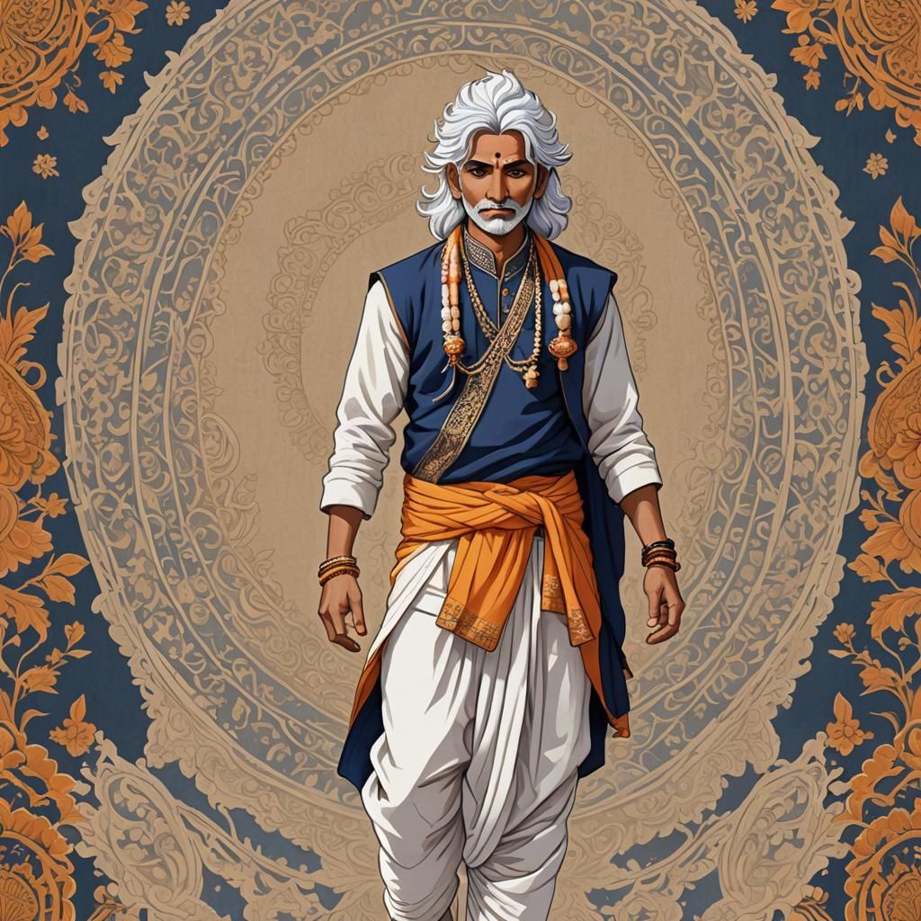 Anime illustration of a mystical white-haired Indian man wearing dhoti