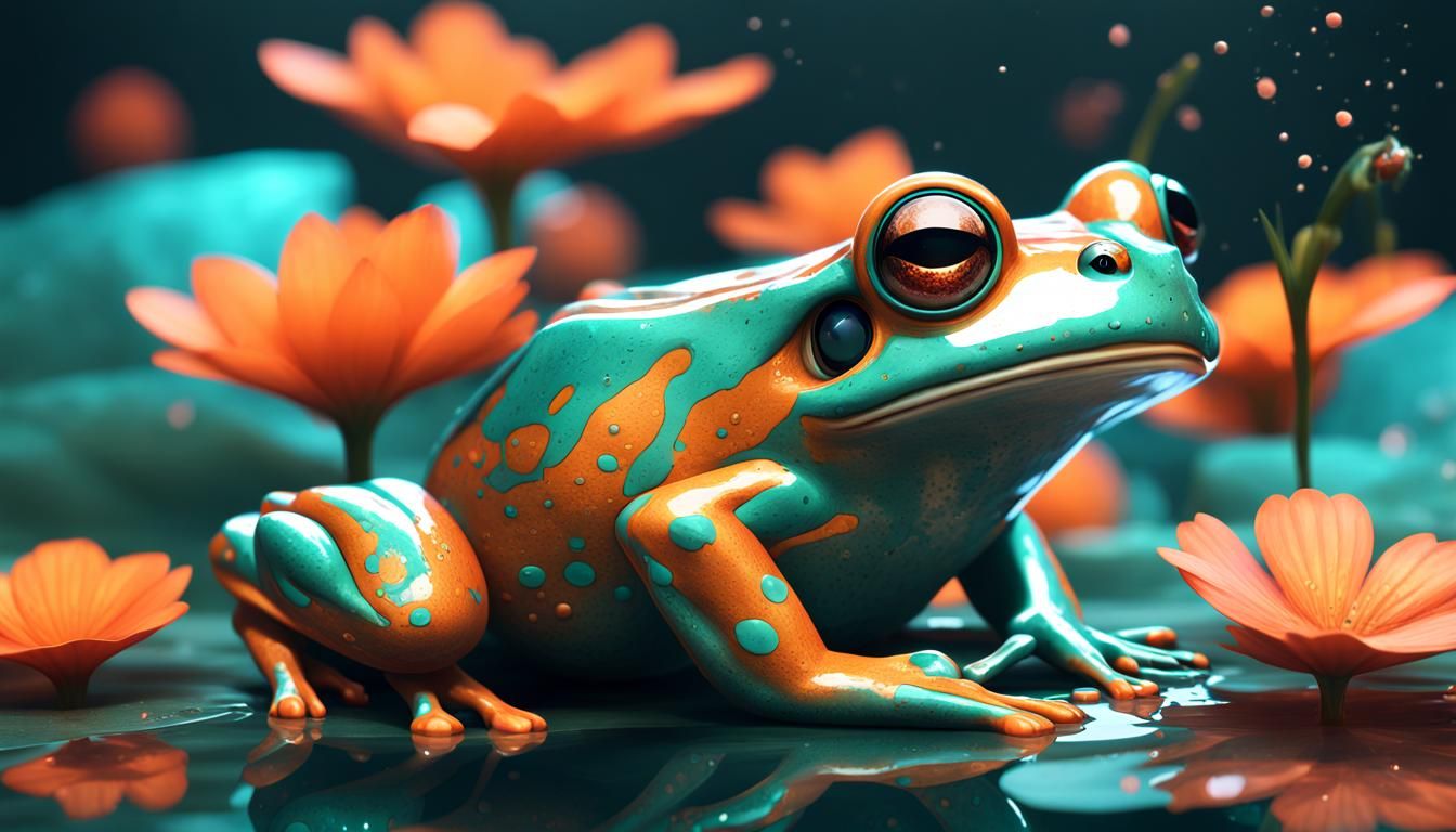 Celestial Kawaii Frog in Floral Art Nouveau Style