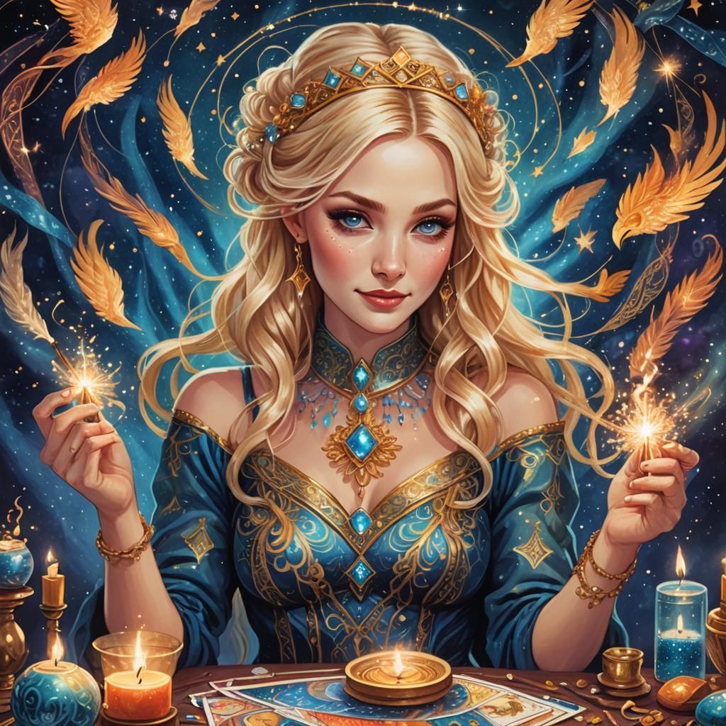 Mystical Blonde Tarot Reader in Whimsical Illustration