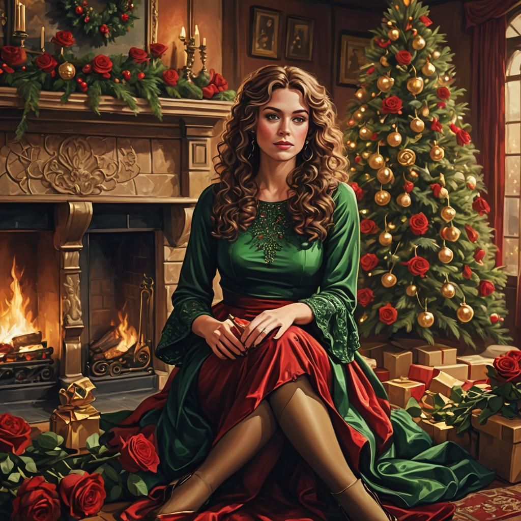 Surreal Beauty Sits by Christmas Fireplace