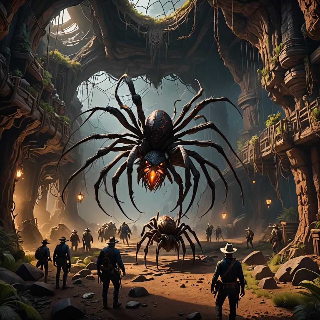 Underground Spider Ranch with Cowboys: Detailed Matte Painti...