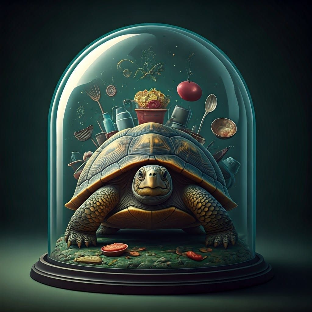 Double exposure of a turtle on its back inside the transpare...