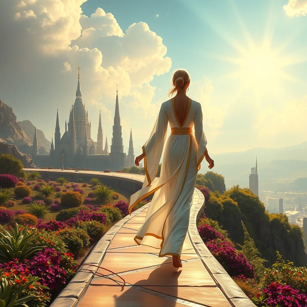 Ethereal Woman Walks Majestic Winding Road to Heaven in Futu...