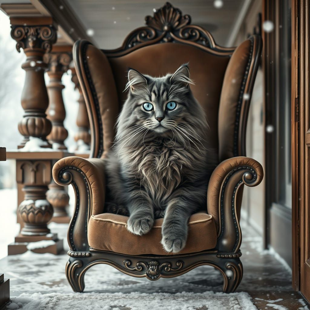 **"Majestätische Katze auf einem Thronstuhl im Schnee"**