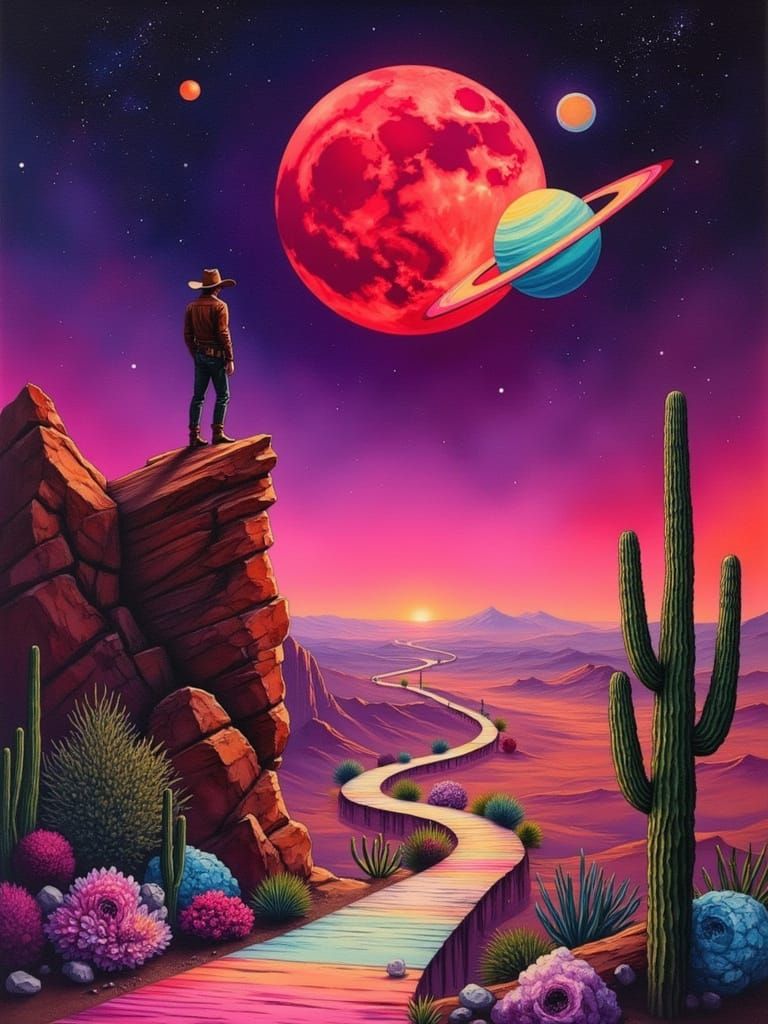 Surreal Cowboy in Cosmic Wild West Landscape