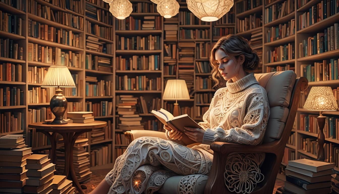 Woman in Cozy Nook with Abstract Fractals