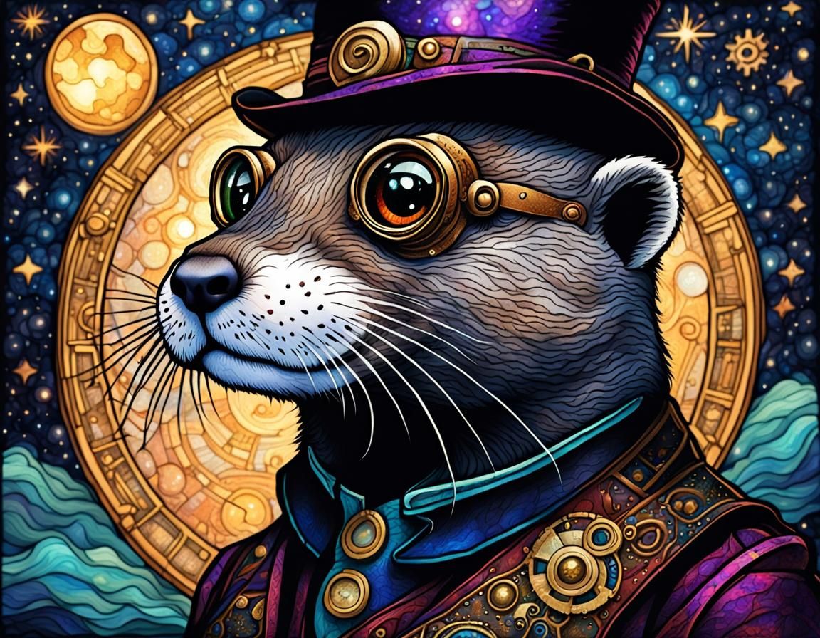 Steampunk Otter in Starry Night: Fine Art Illustration