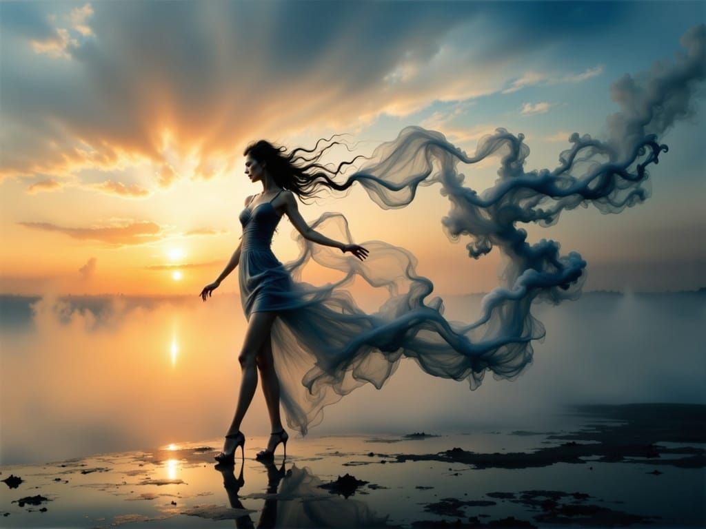 Ethereal Dancer in Smoke and Cloud Dress