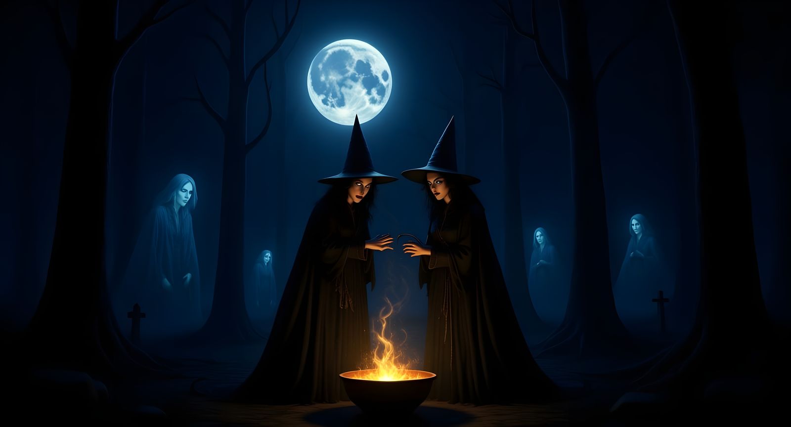 Witches and Ghosts Haunting a Spooky Landscape