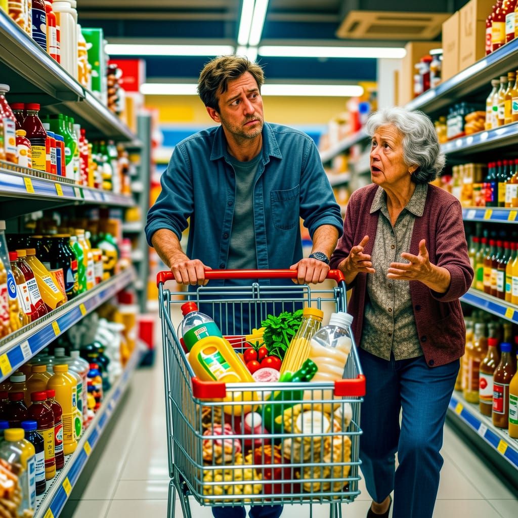 Humorous Supermarket Scene: Bored Shopper Followed by Petula...