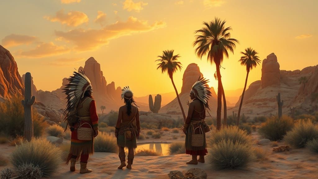 Native Americans Gather in Desert Oasis at Sunset