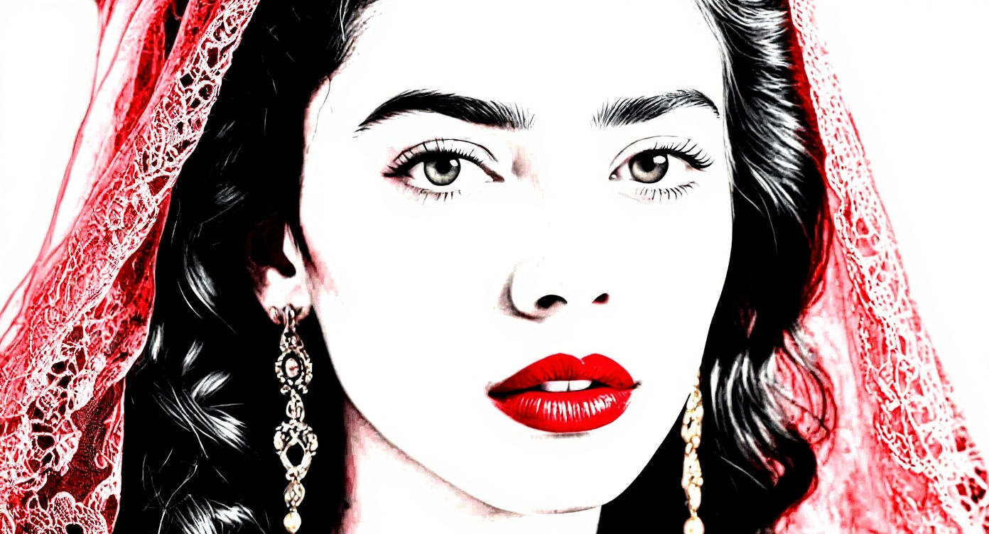 Beautiful Woman Portrait with Red Lips and Flowing Hair