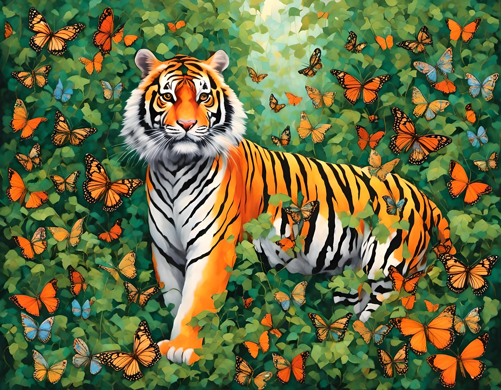 Tiger and Butterflies in Lush Jungle Scene