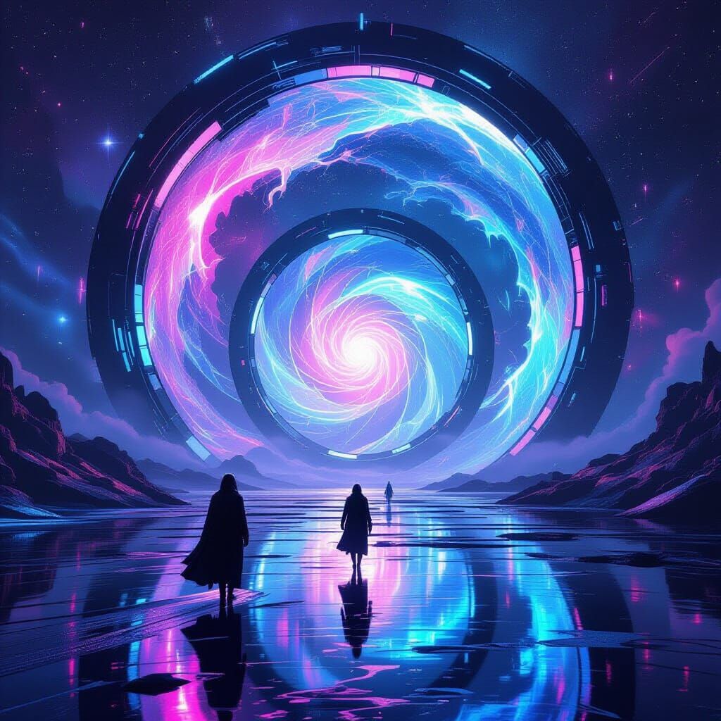 Cosmic Entities in Dreamlike Neon Portals