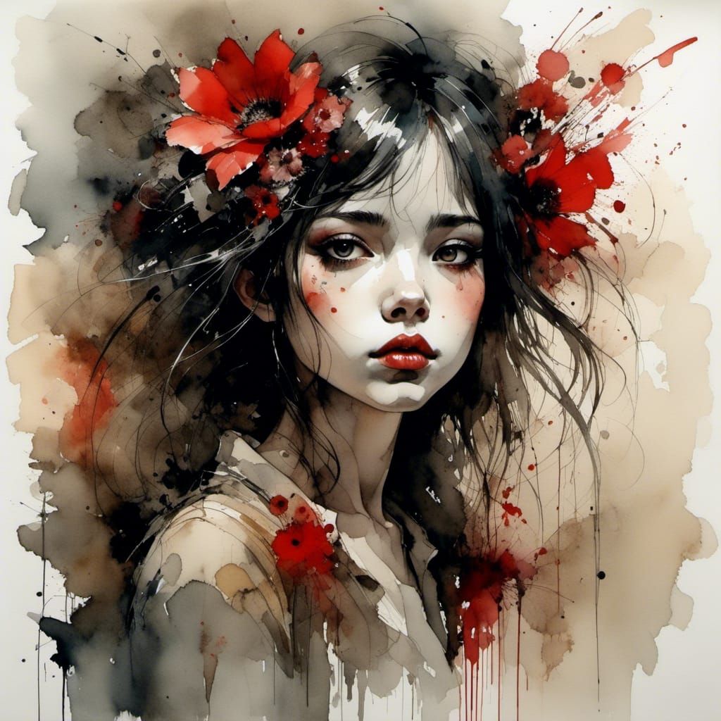 Melancholic Ruby: A Surreal Pre-Raphaelite Illustration