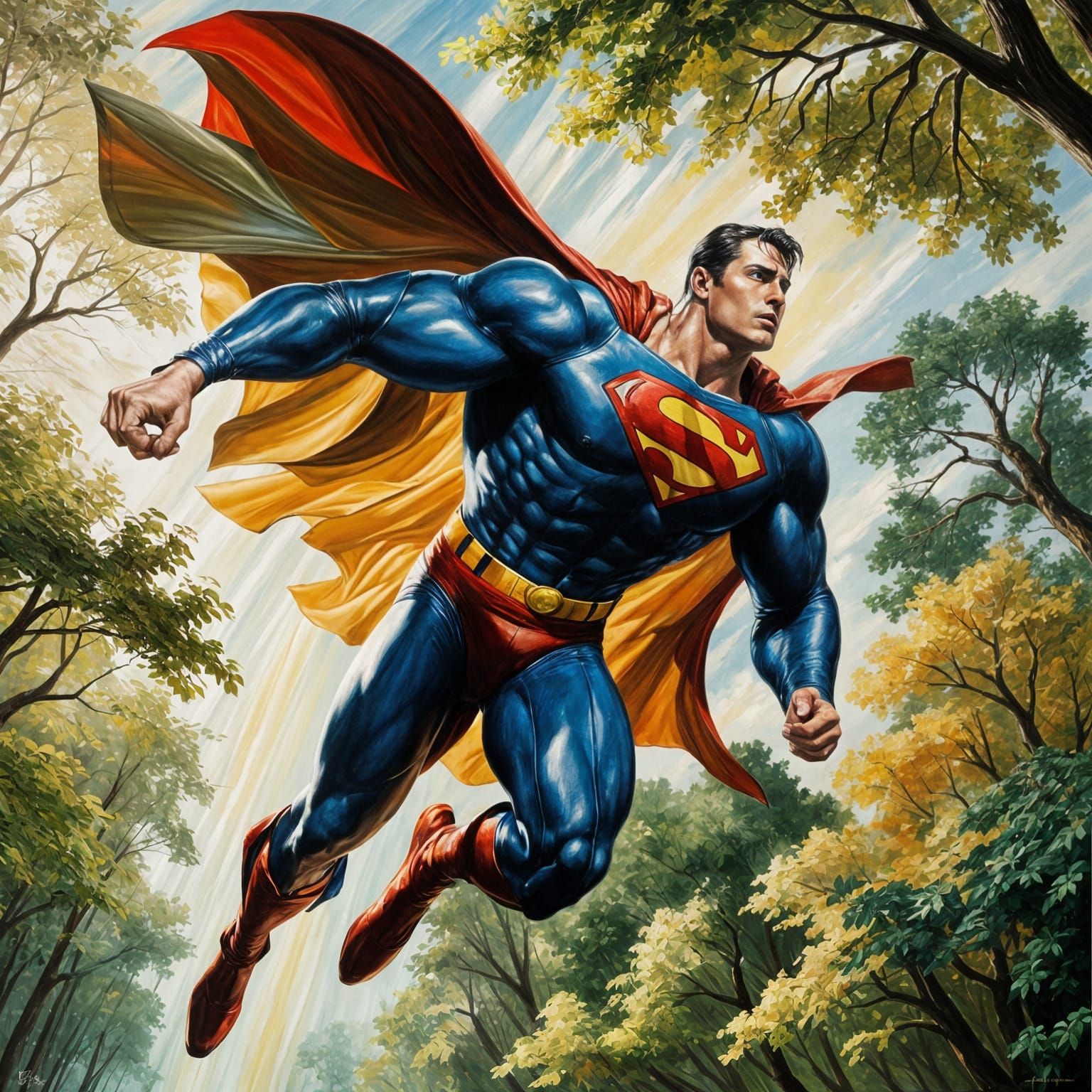 Ethereal Hero Soars Through Sunlit Treescape