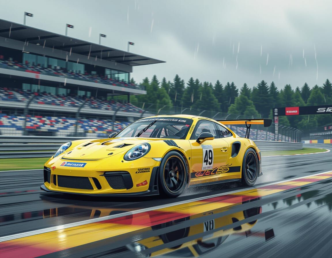 Sunglow Yellow Porsche GT3 RS Races in Rain at Le Mans