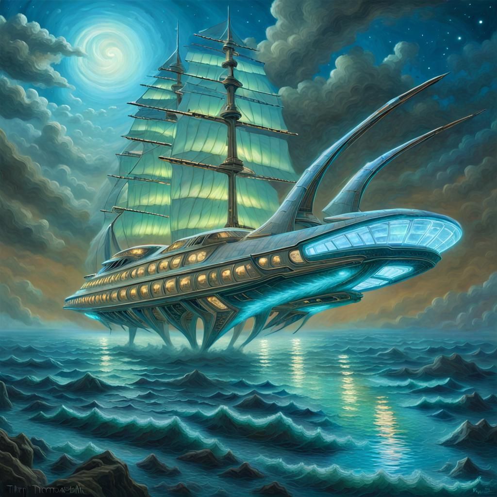 Bioluminescent Futuristic Ship with Reptilian Sails