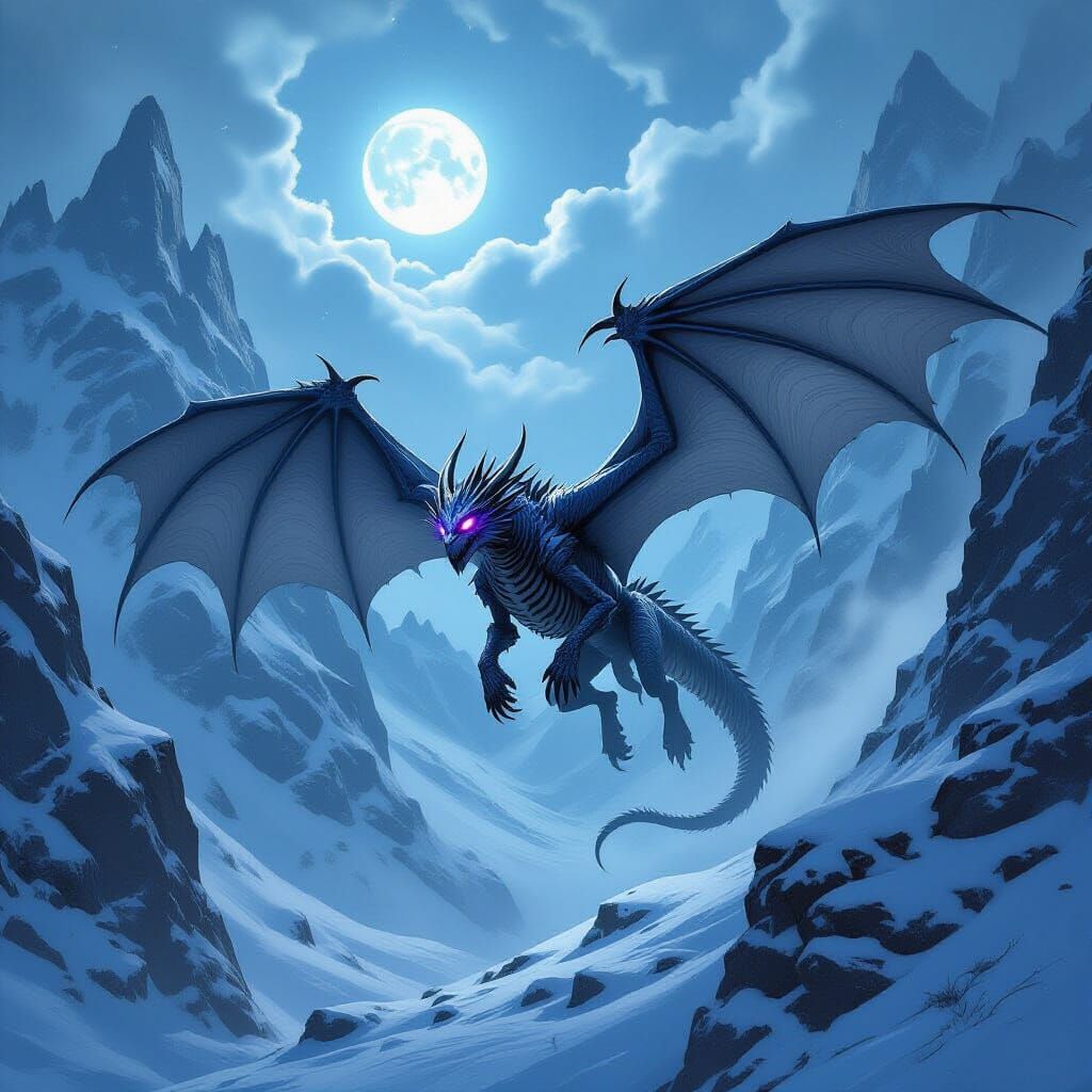 Skeletal Dragon Flies Through Moonlit Blizzard Pass