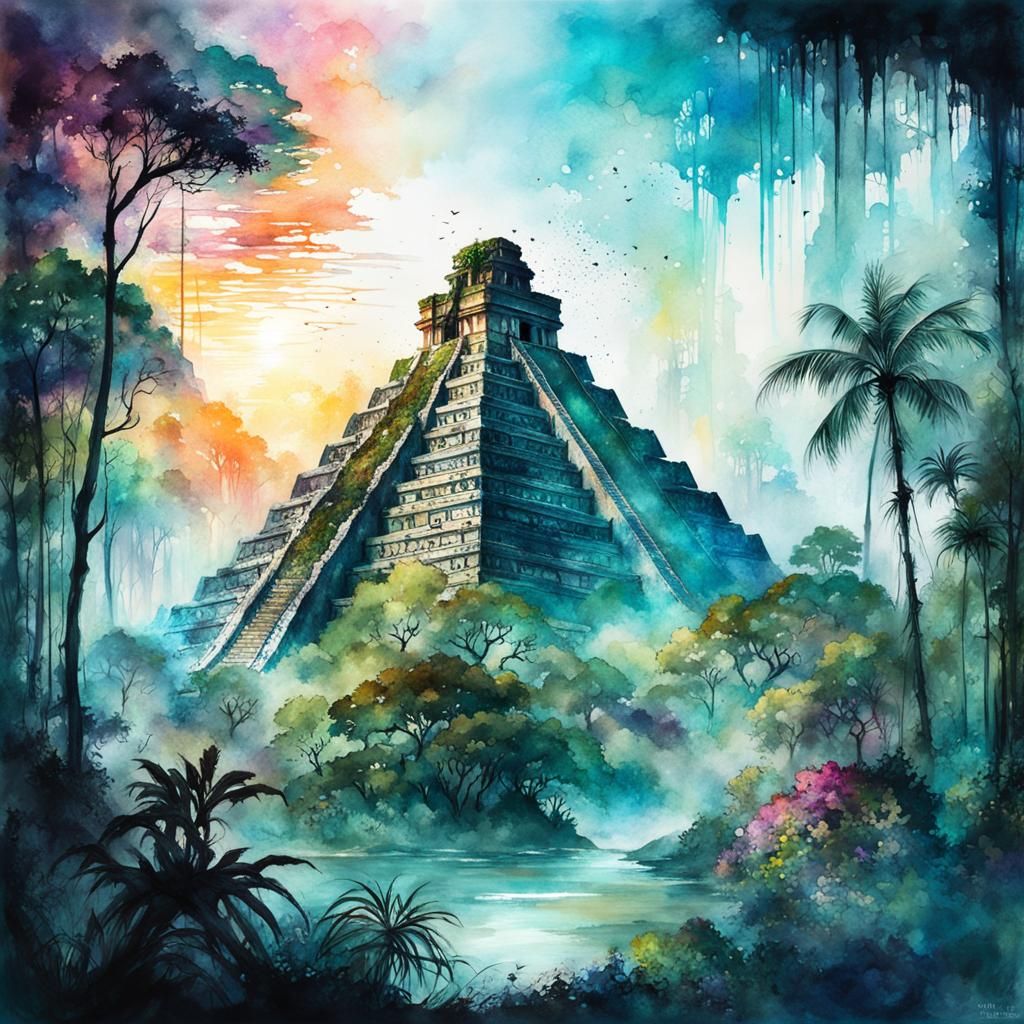 Overgrown Mayan Pyramid in Watercolour Landscape
