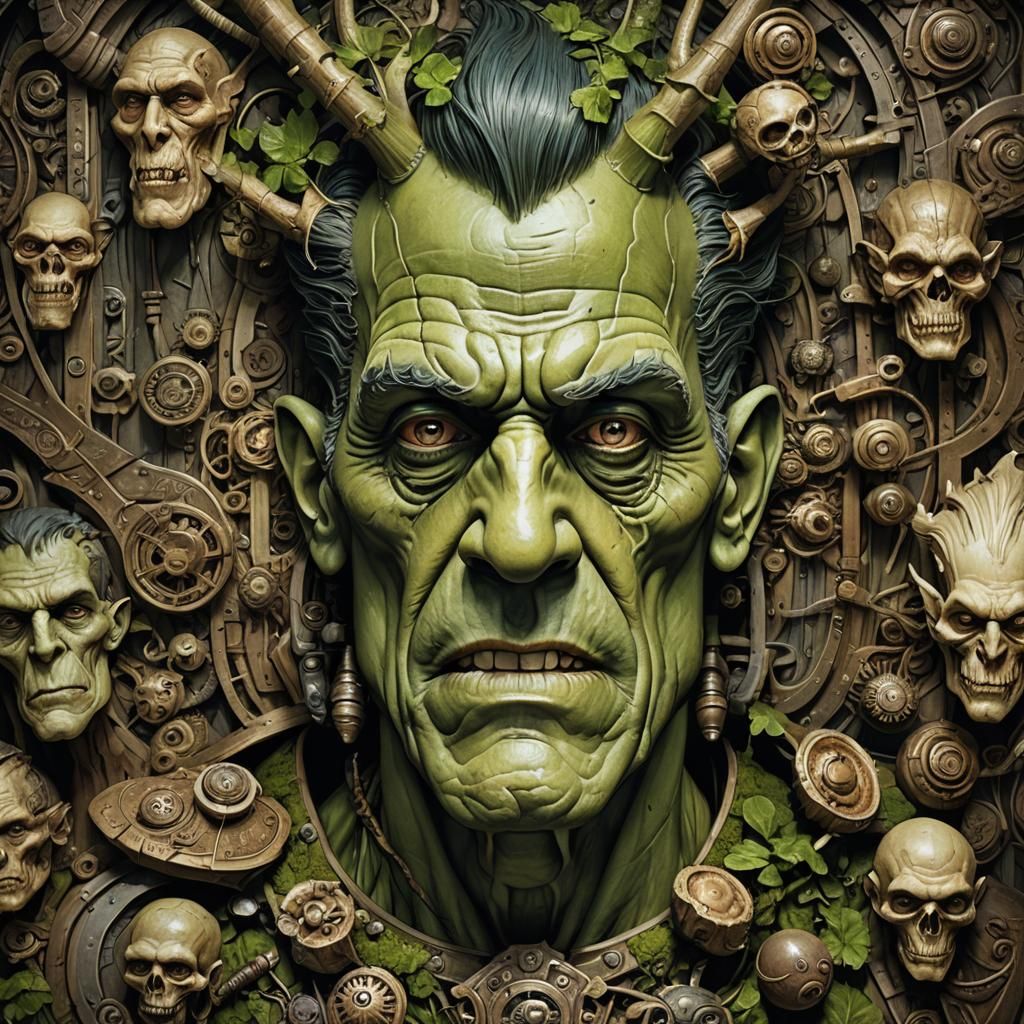 Frankenstein Animation Portrait in Grotesque Caricature Styl...