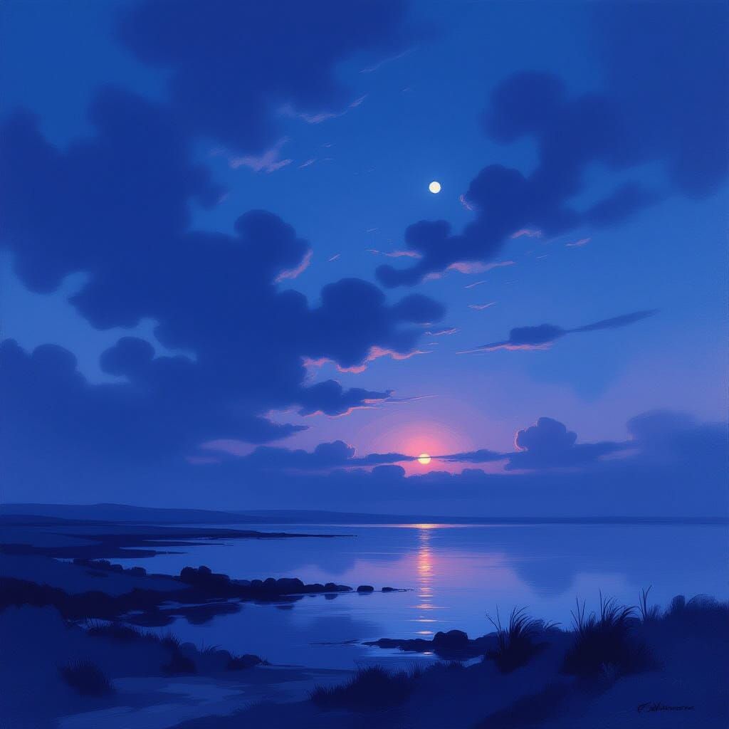 Ethereal Twilight Landscape with Moon and Clouds