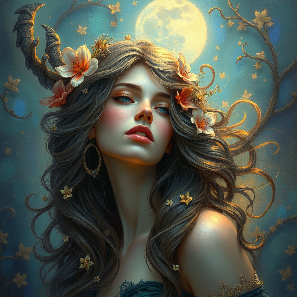 A mystical, enchanting woman with lustrous, cascading tresses adorned with delicate flowers, exuding mystery and charm, ...