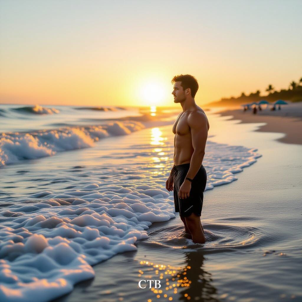 Man Gazes at Sunrise Over Atlantic Waves
